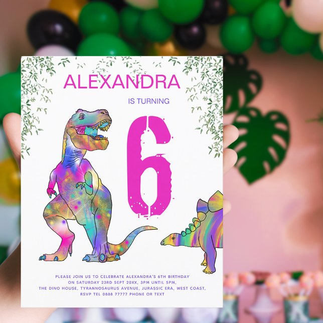 Papier Dinosaures Filles 6e anniversaire fête Budget rose (Girls pink dinosaur 6th birthday party budget invitation with colorful T-Rex stegosaurus dinos )