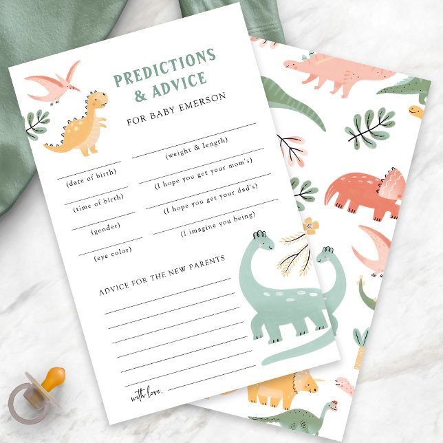 Papier Dinosaures Prédictions et conseils (Dinosaur Theme Baby Shower Predictions and Advice Card by Painted Paperie
)
