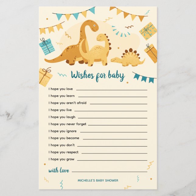 Papier Dinosaures Voeux pour le jeu de Baby shower (Devant)