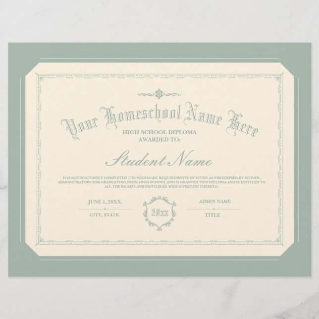Papier Diplôme d'études à domicile Vert doux traditionnel (Devant)