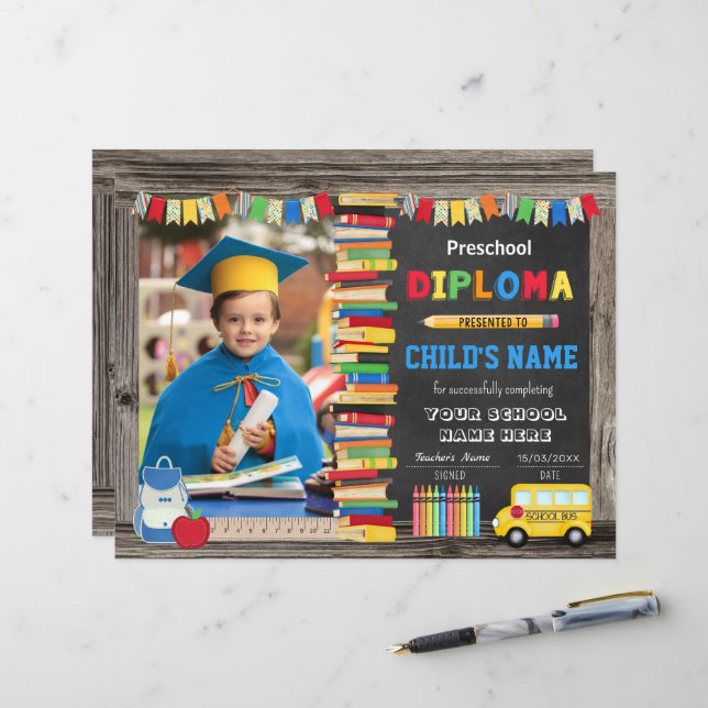 Papier Diplôme d'études préscolaires avec photo (Devant/Arrière en situation)