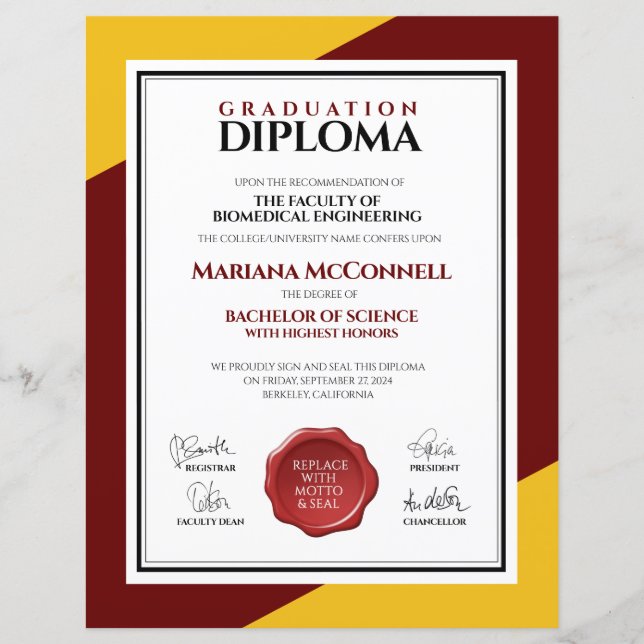 Papier Diplôme universitaire du Red Gold School College (Devant)