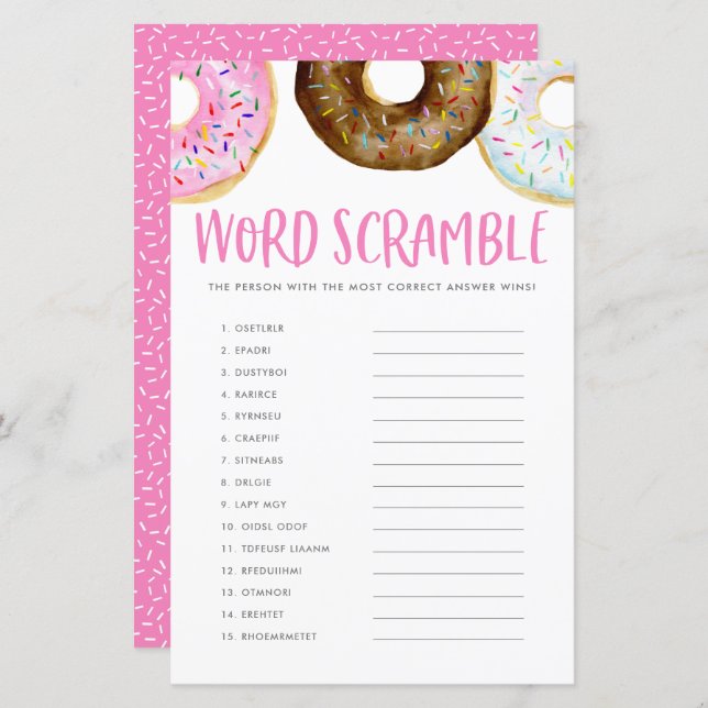 Papier Donuts roses et chocolatés Bébé Word Scramble Jeu (Devant / Derrière)