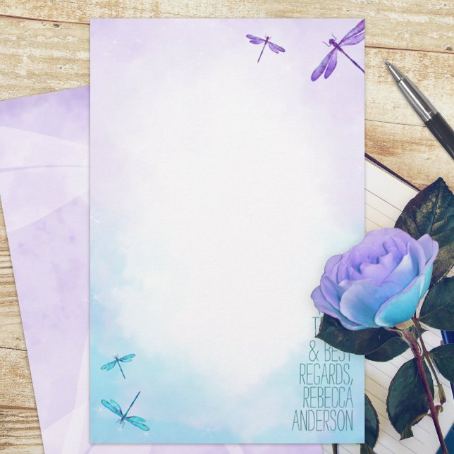 Papier Dragonflies violettes, turquoise (purple turquoise dragonflies dragonfly budget personalized letter writing stationary paper sheets)