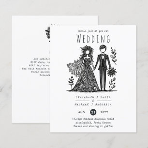 Papier Drôle Mariage Cartoon Bride Groom dessiné main