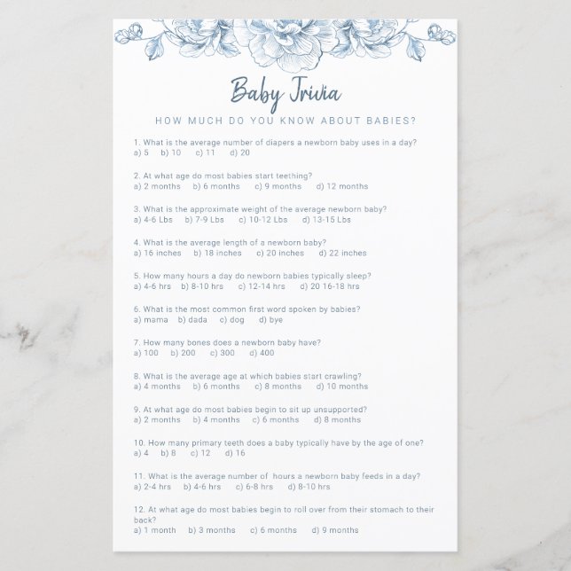 Papier Dusty Baby shower bleu Trivia Jeu floral élégant (Devant)
