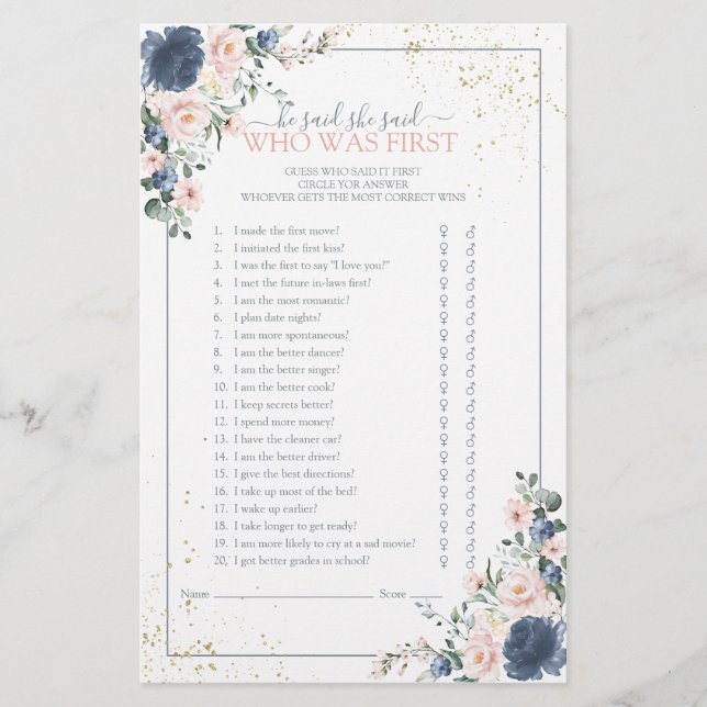 Papier Dusty Blue Blush Rose or Floral Douche Jeu (Devant)
