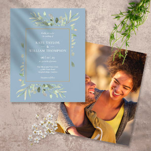 Papier Dusty Blue Budget Foliage Mariage Photo Invitation