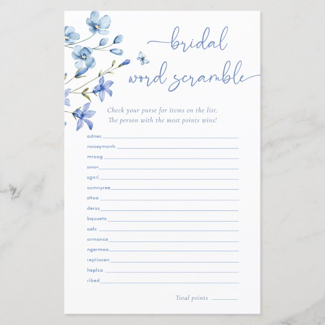 Papier Dusty Blue Fleur sauvage Brid Mot Scramble Jeu (Devant)