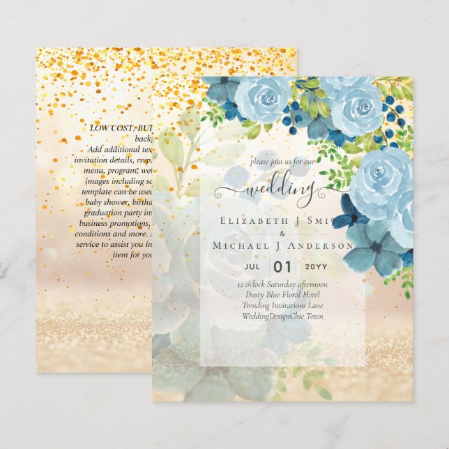 PAPIER DUSTY BLUE FLEURS INVITES DE MARIAGE - BUDGET (Devant / Derrière)