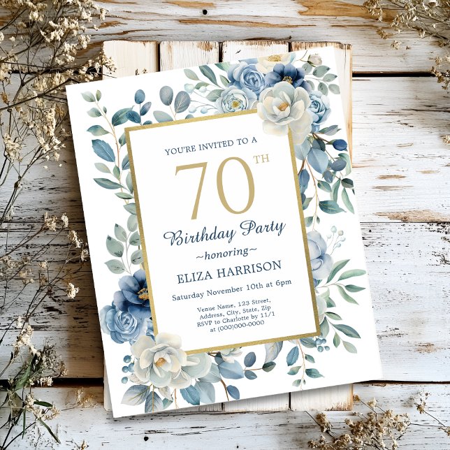 Papier Dusty Blue Floral 70e Anniversaire Invitation budg (Créateur téléchargé)