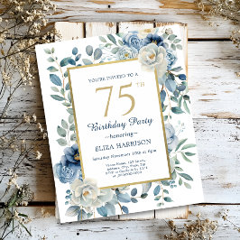 Papier Dusty Blue Floral 75e anniversaire Invitation budg