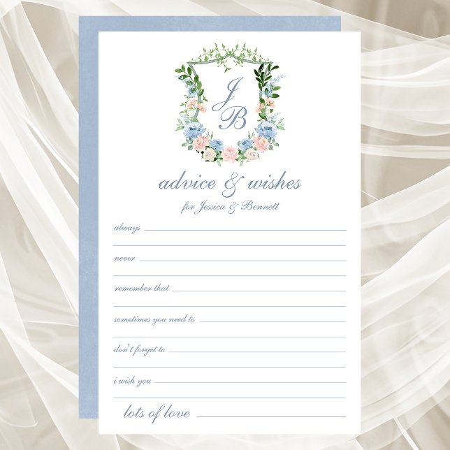 Papier Dusty Blue Floral Crest Mariage Conseils et souhai (Créateur téléchargé)
