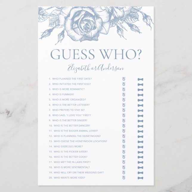 Papier Dusty Blue Floral Devinez Qui Fête des mariées Jeu (Devant)