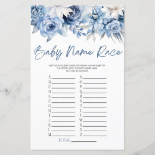 Papier Dusty Blue Floral Nom Course Baby shower Jeu