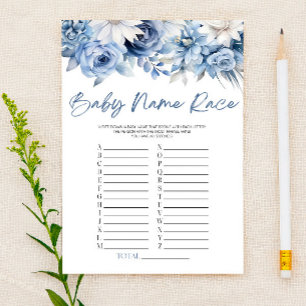 Papier Dusty Blue Floral Nom Course Baby shower Jeu