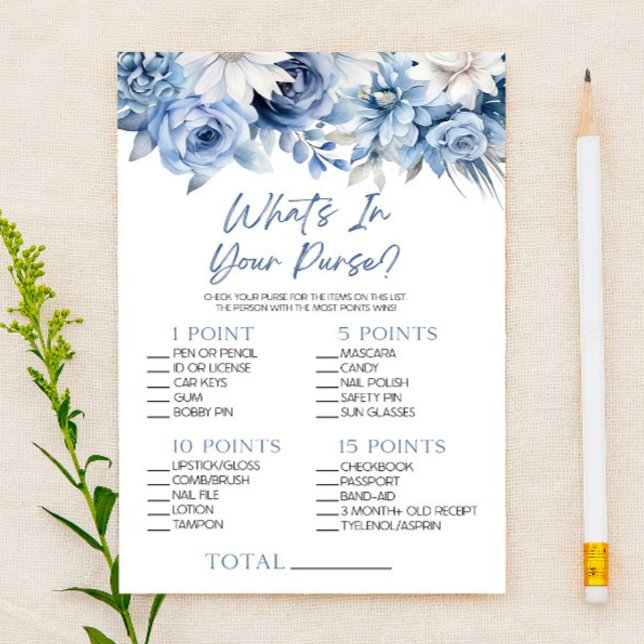 Papier Dusty Blue Floral What's In Purse Baby shower Jeu (Créateur téléchargé)