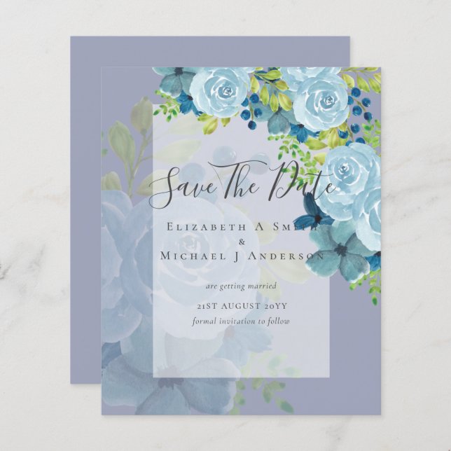 PAPIER DUSTY BLUE FLOWERS SAVE DATES - BUDGET (Devant / Derrière)