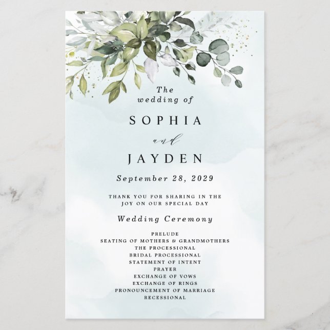 Papier Dusty Blue Greenery Floral Rustic Wedding Programm (Devant)