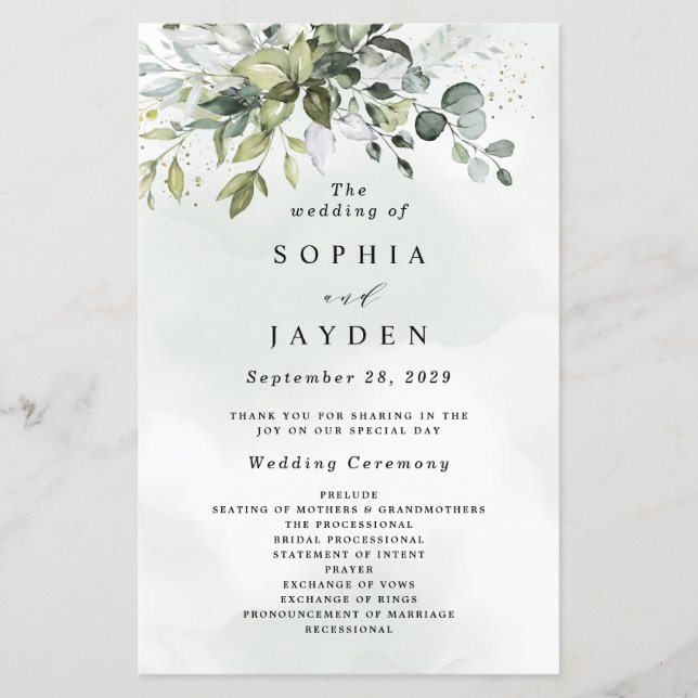 Papier Dusty Blue Greenery Floral Rustic Wedding Programm (Devant)