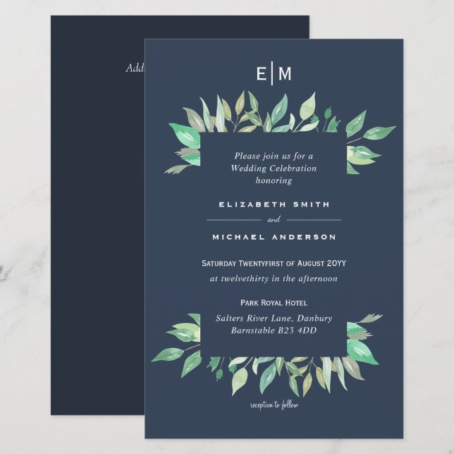 Papier Dusty Blue Greenery Leafy Budget Mariage Inviter A (Devant / Derrière)