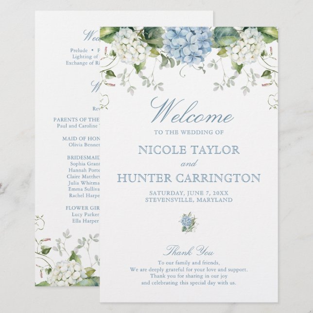 Papier Dusty Blue Hydrangea Wedding Ceremony Program (Devant / Derrière)