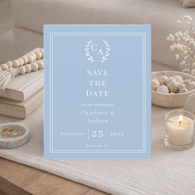 Papier Dusty blue monogram wreath wedding Save the Date  (Créateur téléchargé)