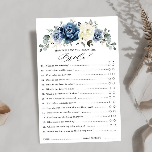 Papier Dusty Blue Navy Champagne Ivory Fête des mariées J (Dusty Blue Navy Champagne Ivory Bridal Shower Game how well do you know the bride.)