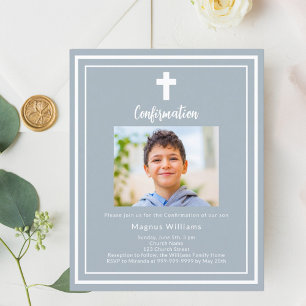 Papier Dusty blue photo boy Invitation de confirmation