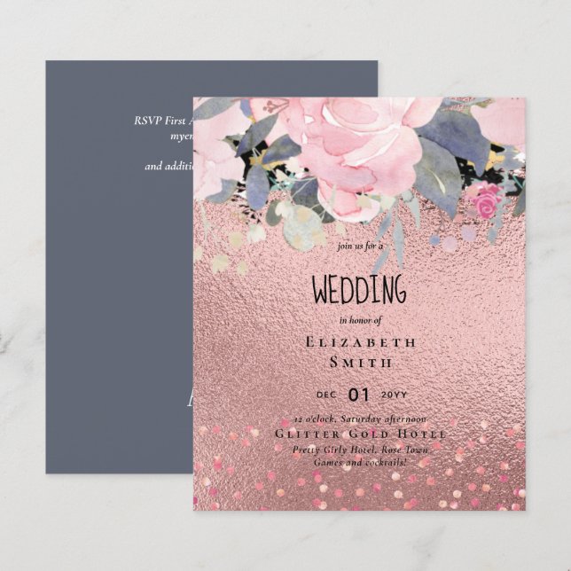 Papier Dusty Blue Rosegold Mariage floral Invitation (Devant / Derrière)