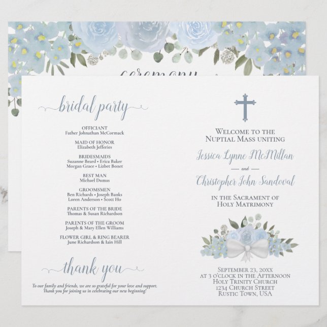 Papier Dusty Blue Roses do-it-yourself Pold Catholic Wedd (Devant / Derrière)