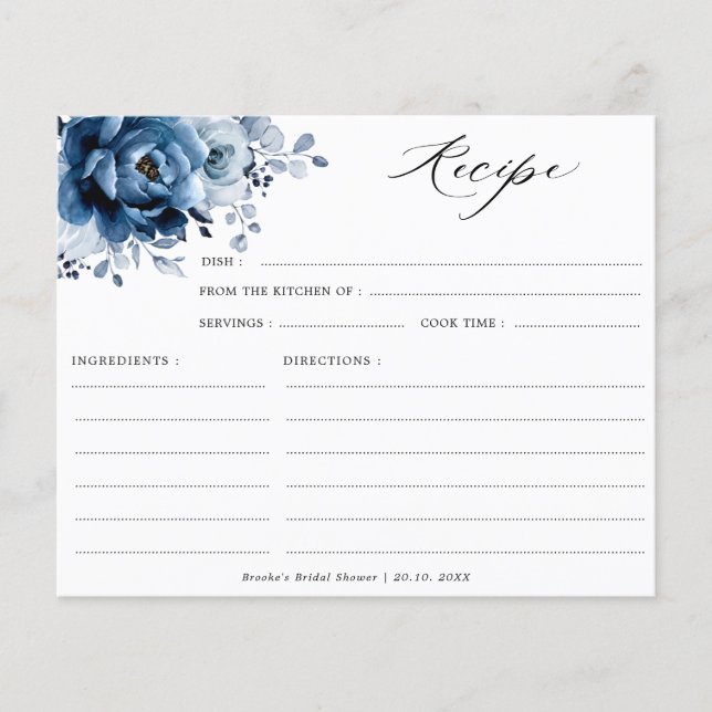 Papier Dusty Blue Slate Navy Fête des mariées florale Rec (Devant)