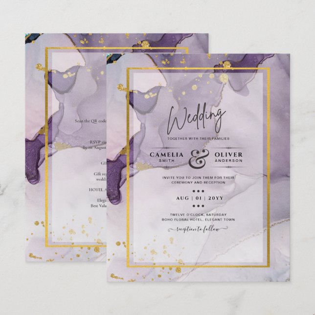 Papier Dusty Purple Gold Alcohol Encre Mariage Abstrait (Devant / Derrière)