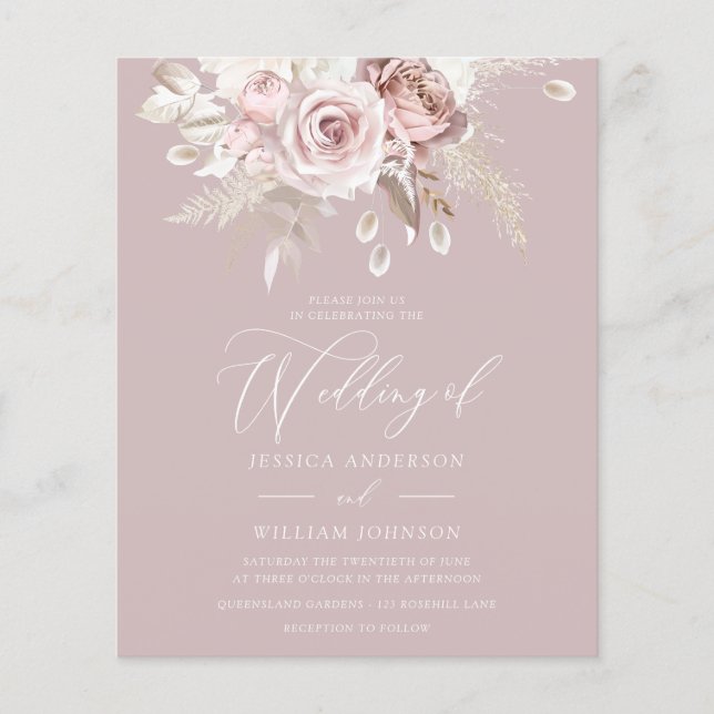 Papier Dusty Rose Blush Floral Budget Faire-part de maria (Devant)
