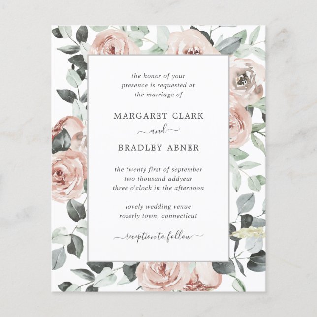 Papier Dusty Rose rose Floral Budget Faire-part de mariag (Devant)