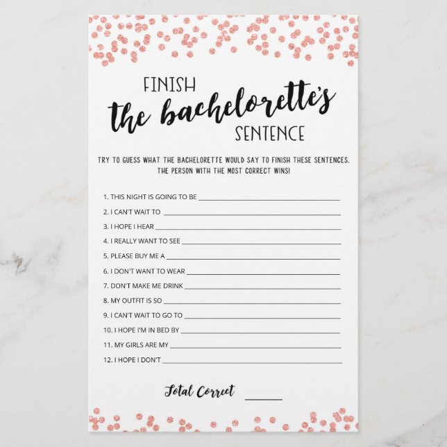 Papier Editable Finish the Bachelorette's Sentence Game (Devant)
