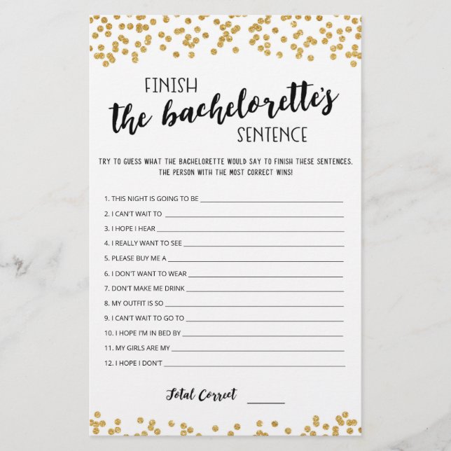 Papier Editable Finish the Bachelorette's Sentence Game (Devant)