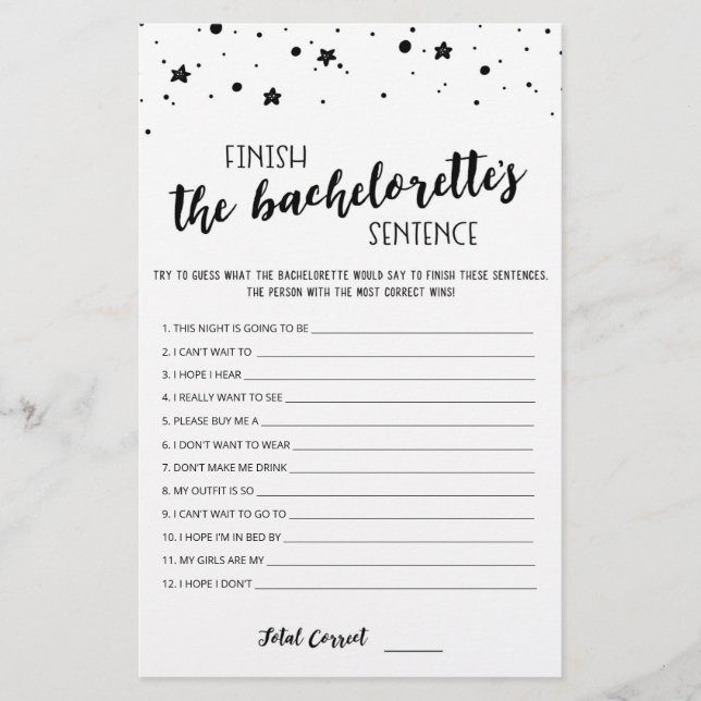 Papier Editable Finish the Bachelorette's Sentence Game (Devant)