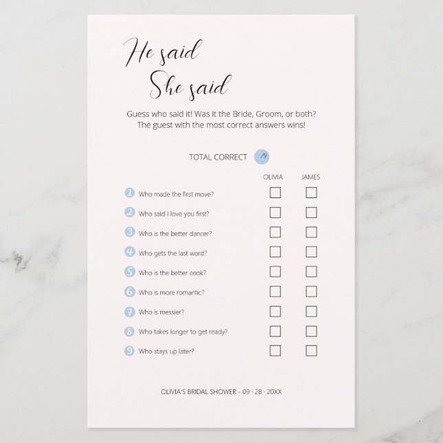 Papier Editable Il A Dit Qu'Elle A Dit Wedding shower Gam (Devant)