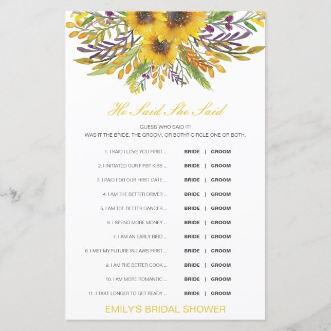 Papier Editable Il A Dit Qu'Elle A Dit Wedding shower Jeu (Devant)