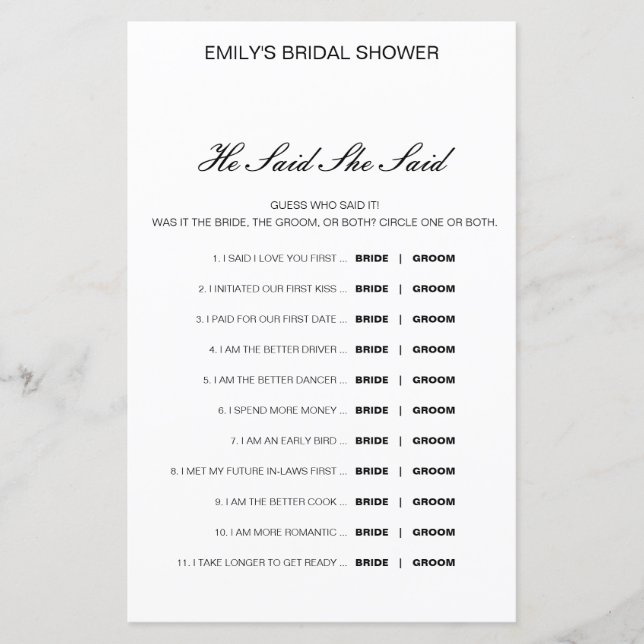 Papier Editable Il A Dit Qu'Elle A Dit Wedding shower Jeu (Devant)