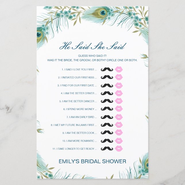 Papier Editable Il A Dit Qu'Elle A Dit Wedding shower Jeu (Devant)