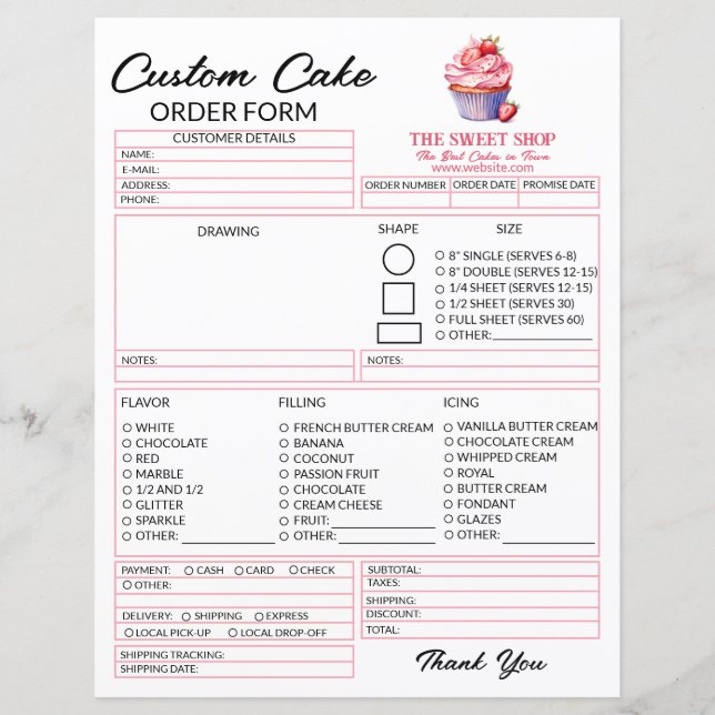 Papier Editable Pink Cake Order Form Template for Bakers (Devant)