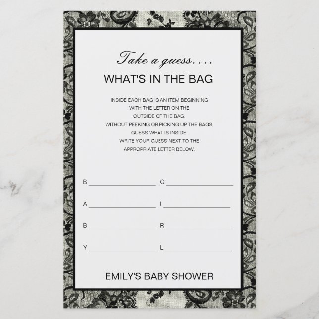 Papier Editable What's in the Bag Baby shower Game (Devant)