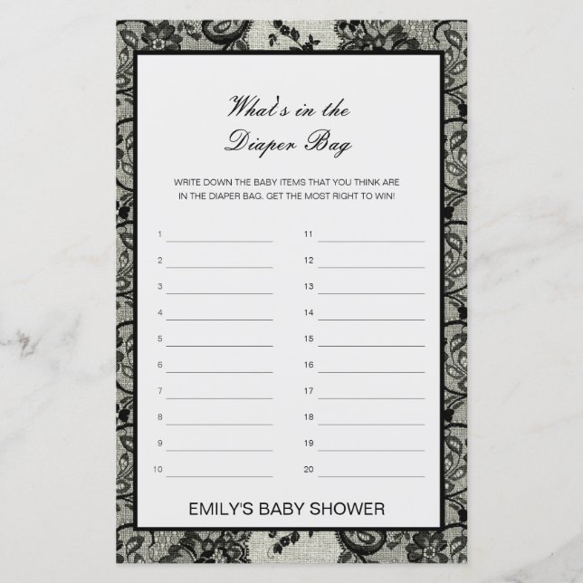 Papier Editable What's in the Diaper Bag Baby shower Game (Devant)