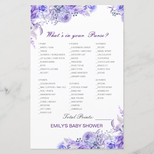 Papier Editable What's on your Purse Bridal, Baby shower (Devant)