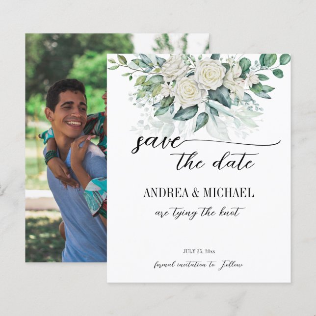 Papier Eeucalyptus vert roses blanches sauver la date (Devant / Derrière)