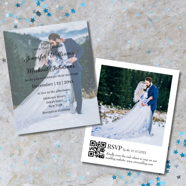 Papier élégant 2 photos code qr rsvp code rsvp faire-part (Créateur téléchargé)