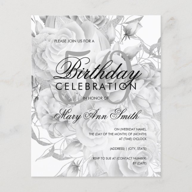 Papier Élégant 50e anniversaire Floral Argent blanc Invit (Devant)