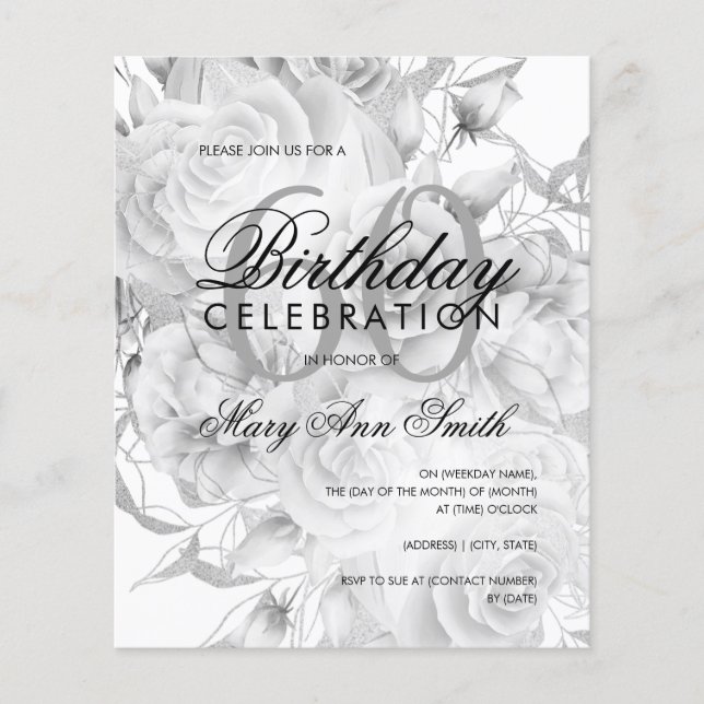 Papier Élégant 60e anniversaire Floral Argent blanc Invit (Devant)